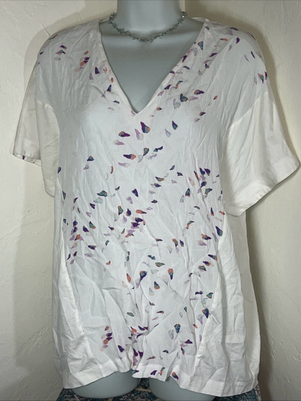 Escada White V-Neck Tunic with Pastel Confetti Motif